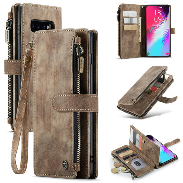 CaseMe Samsung Galaxy S10 Plus Zipper Wallet Kickstand Case Coffee