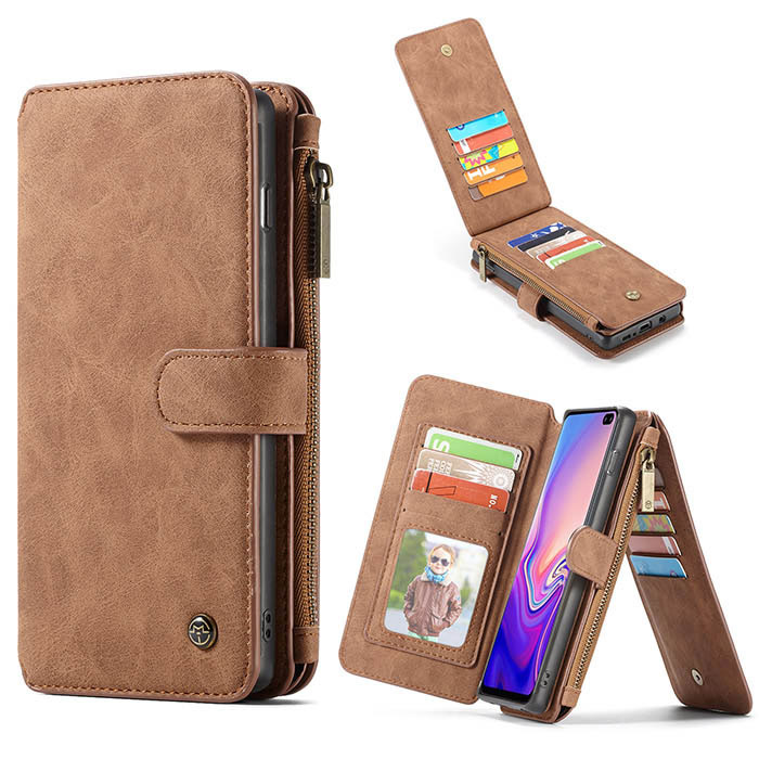 CaseMe Samsung Galaxy S10 Zipper Wallet Magnetic Detachable 2 in 1 Folio Flip Case Brown
