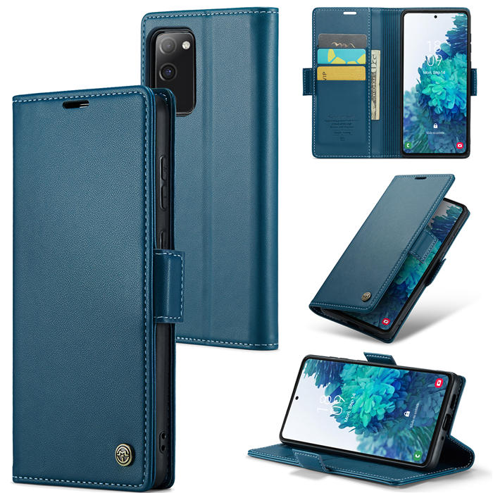 CaseMe Samsung Galaxy S20 FE Wallet RFID Blocking Magnetic Buckle Case Blue - Click Image to Close