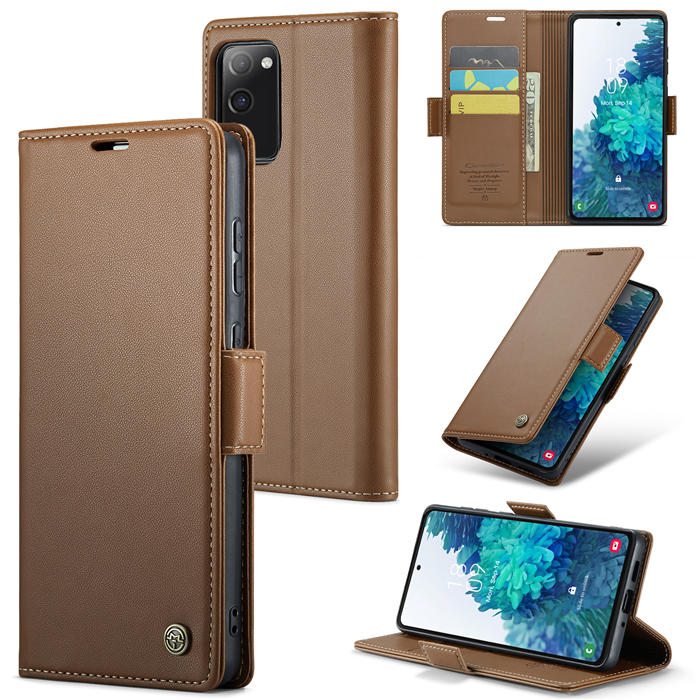 CaseMe Samsung Galaxy S20 FE Wallet RFID Blocking Magnetic Buckle Case Brown - Click Image to Close