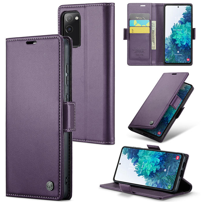 CaseMe Samsung Galaxy S20 FE Wallet RFID Blocking Magnetic Buckle Case Purple - Click Image to Close