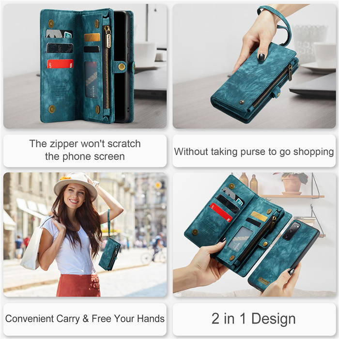 CaseMe Samsung Galaxy S20 Zipper Wallet Magnetic Detachable 2 in 1 Case with Wrist Strap