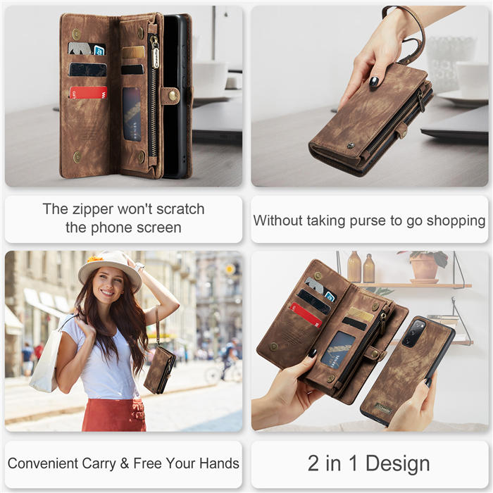 CaseMe Samsung Galaxy S20 FE Zipper Wallet Magnetic Detachable 2 in 1 Case with Wrist Strap