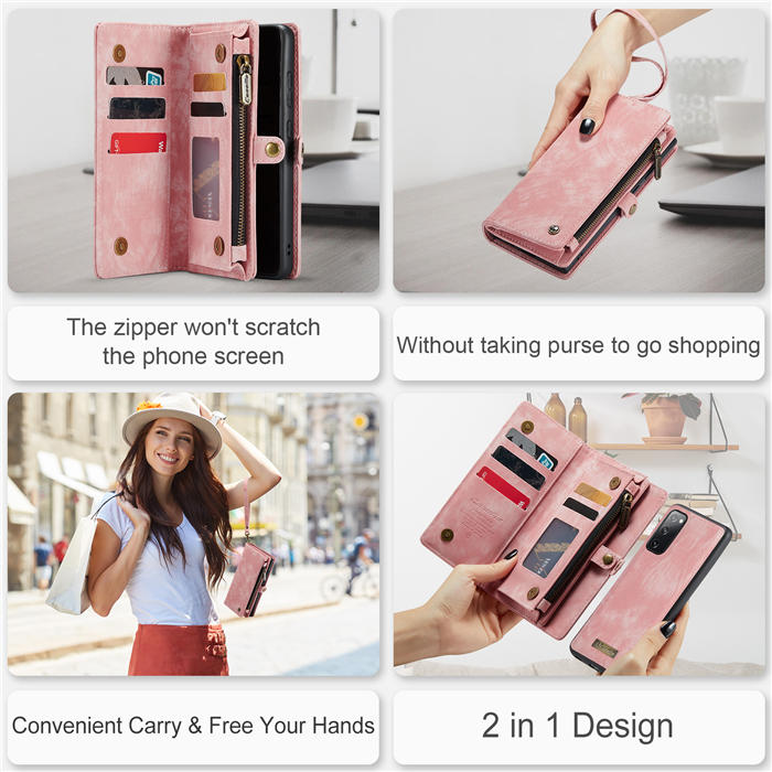 CaseMe Samsung Galaxy S20 FE Zipper Wallet Magnetic Detachable 2 in 1 Case with Wrist Strap