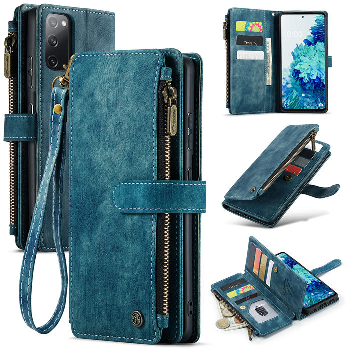 CaseMe Samsung Galaxy S20 FE Zipper Wallet Kickstand Case Blue - Click Image to Close