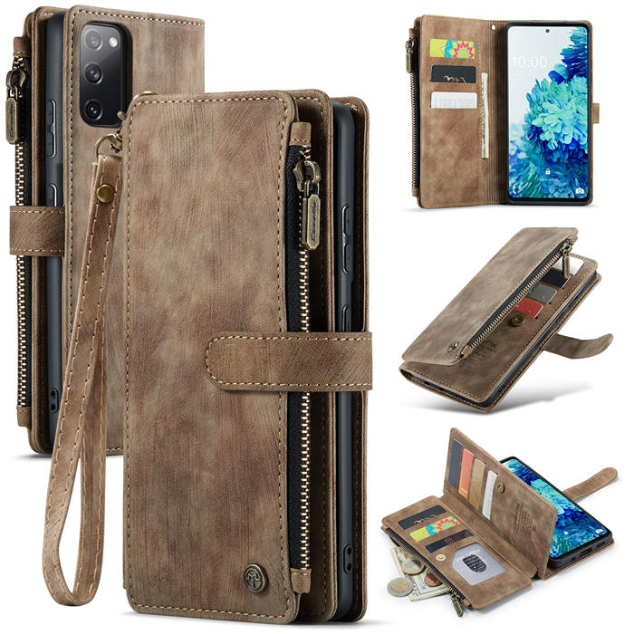 CaseMe Samsung Galaxy S20 FE Zipper Wallet Kickstand Case Coffee - Click Image to Close