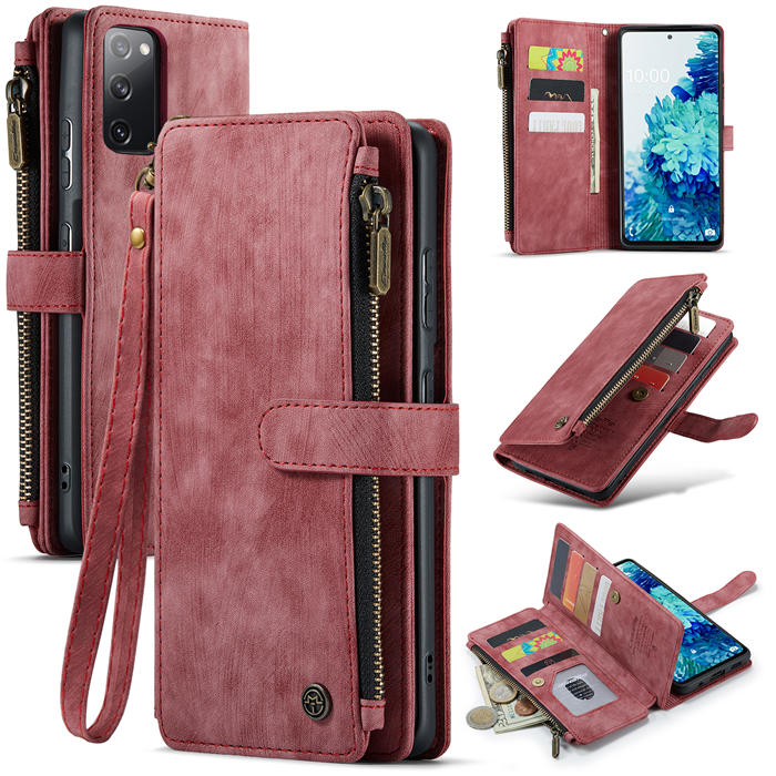 CaseMe Samsung Galaxy S20 FE Zipper Wallet Kickstand Case Red - Click Image to Close