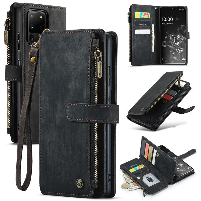 CaseMe Samsung Galaxy S20 Ultra Zipper Wallet Kickstand Case Black - Click Image to Close