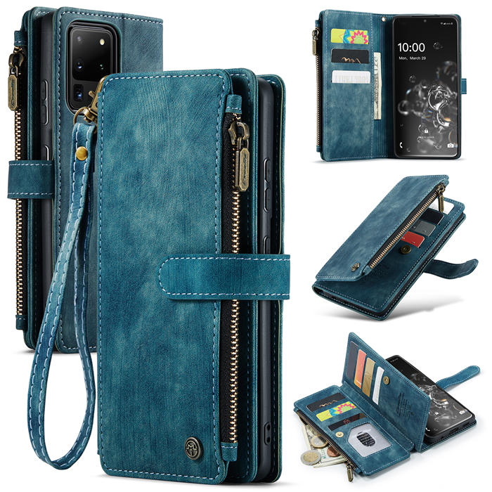CaseMe Samsung Galaxy S20 Ultra Zipper Wallet Kickstand Case Blue - Click Image to Close