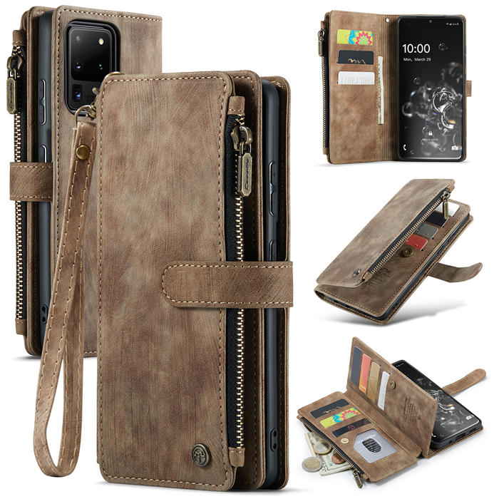 CaseMe Samsung Galaxy S20 Ultra Zipper Wallet Kickstand Case Coffee