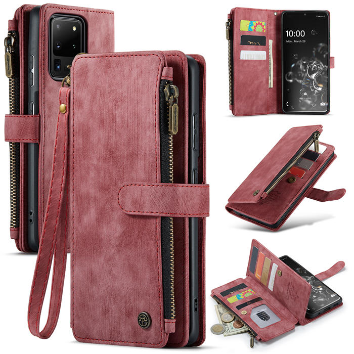 CaseMe Samsung Galaxy S20 Ultra Zipper Wallet Kickstand Case Red - Click Image to Close