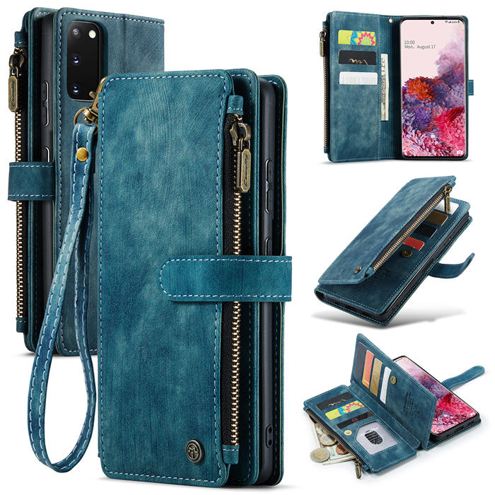 CaseMe Samsung Galaxy S20 Zipper Wallet Kickstand Case Blue - Click Image to Close