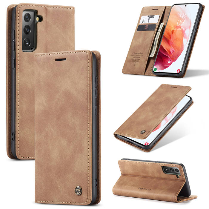 CaseMe Samsung Galaxy S21 Wallet Kickstand Magnetic Case Brown - Click Image to Close