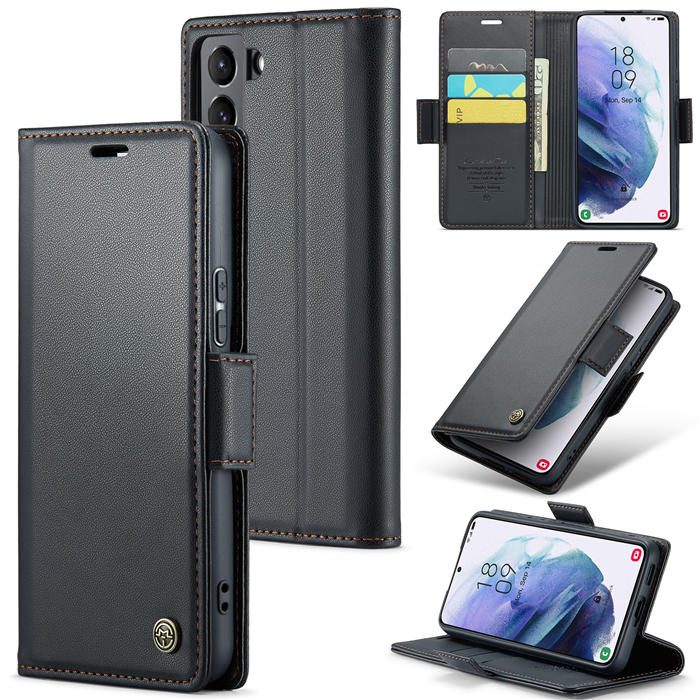CaseMe Samsung Galaxy S21 Plus Wallet RFID Blocking Magnetic Buckle Case Black - Click Image to Close