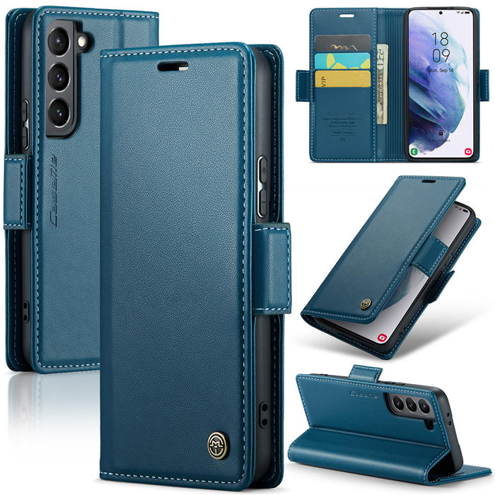 CaseMe Samsung Galaxy S21 Plus Wallet RFID Blocking Magnetic Buckle Case Blue - Click Image to Close