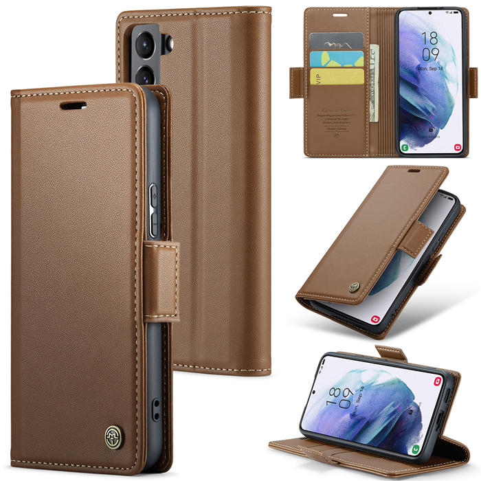 CaseMe Samsung Galaxy S21 Plus Wallet RFID Blocking Magnetic Buckle Case Brown - Click Image to Close