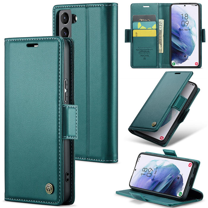 CaseMe Samsung Galaxy S21 Wallet RFID Blocking Magnetic Buckle Case Green - Click Image to Close