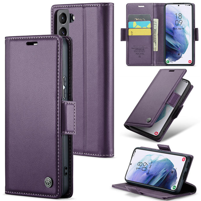 CaseMe Samsung Galaxy S21 Wallet RFID Blocking Magnetic Buckle Case Purple - Click Image to Close