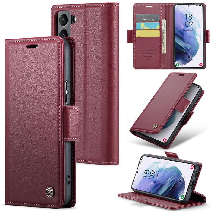 CaseMe Samsung Galaxy S21 Wallet RFID Blocking Magnetic Buckle Case Red - Click Image to Close