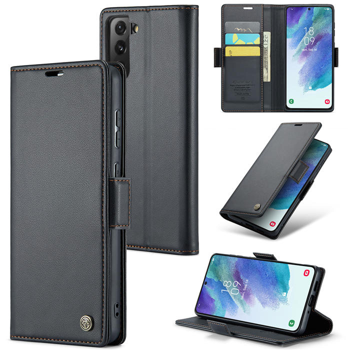 CaseMe Samsung Galaxy S21 FE Wallet RFID Blocking Magnetic Buckle Case Black - Click Image to Close