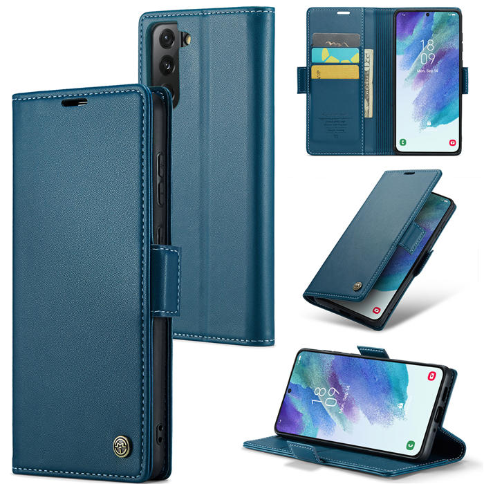 CaseMe Samsung Galaxy S21 FE Wallet RFID Blocking Magnetic Buckle Case Blue - Click Image to Close