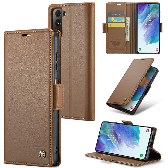 CaseMe Samsung Galaxy S21 FE Wallet RFID Blocking Magnetic Buckle Case Brown - Click Image to Close