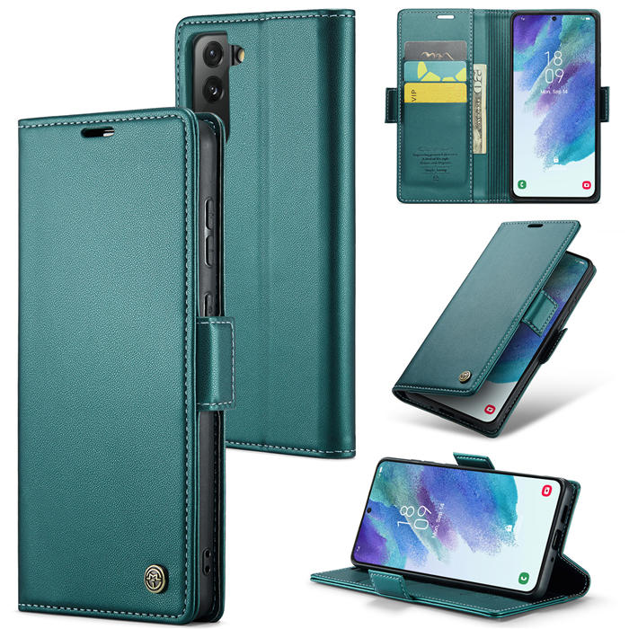 CaseMe Samsung Galaxy S21 FE Wallet RFID Blocking Magnetic Buckle Case Green - Click Image to Close