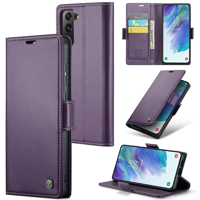 CaseMe Samsung Galaxy S21 FE Wallet RFID Blocking Magnetic Buckle Case Purple - Click Image to Close