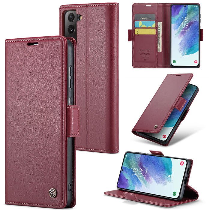 CaseMe Samsung Galaxy S21 FE Wallet RFID Blocking Magnetic Buckle Case Red - Click Image to Close