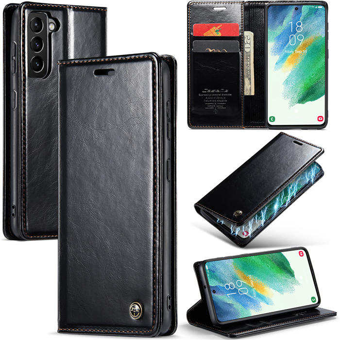 CaseMe Samsung Galaxy S21 FE Wallet Kickstand Magnetic Case Black - Click Image to Close
