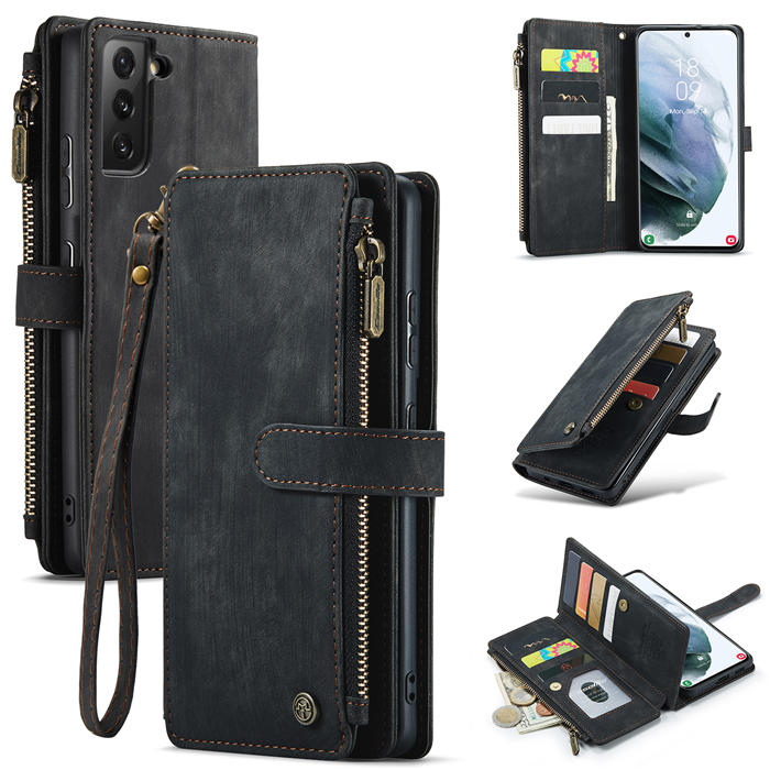 CaseMe Samsung Galaxy S21 FE Zipper Wallet Kickstand Case Black