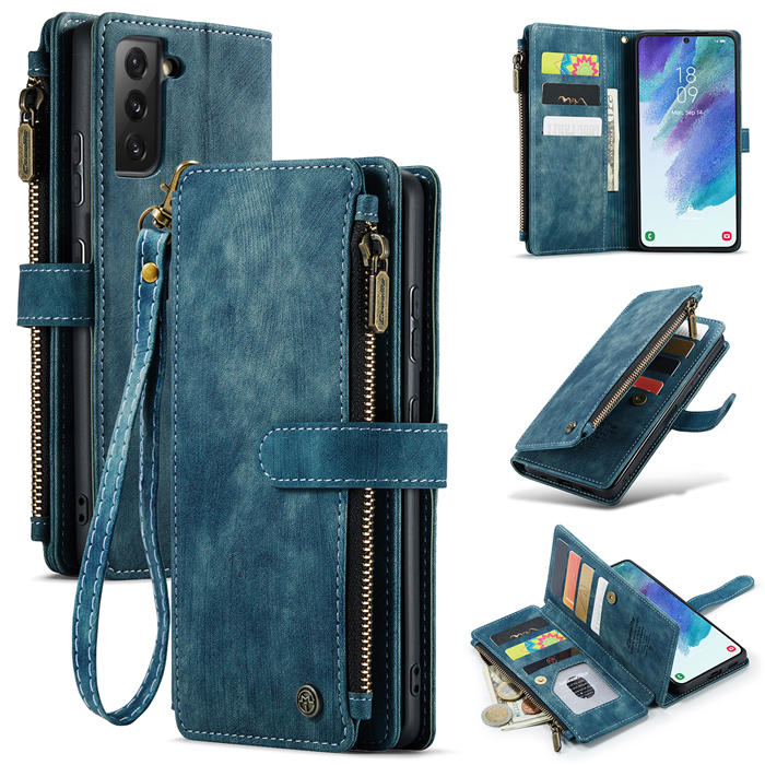CaseMe Samsung Galaxy S21 FE Zipper Wallet Kickstand Case Blue - Click Image to Close