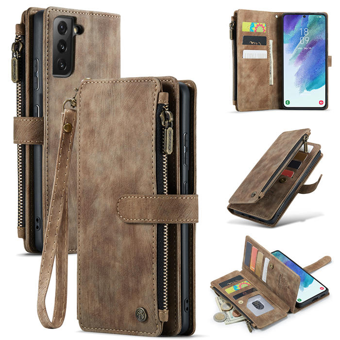 CaseMe Samsung Galaxy S21 FE Zipper Wallet Kickstand Case Coffee - Click Image to Close