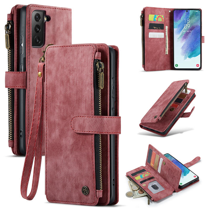 CaseMe Samsung Galaxy S21 FE Zipper Wallet Kickstand Case Red - Click Image to Close