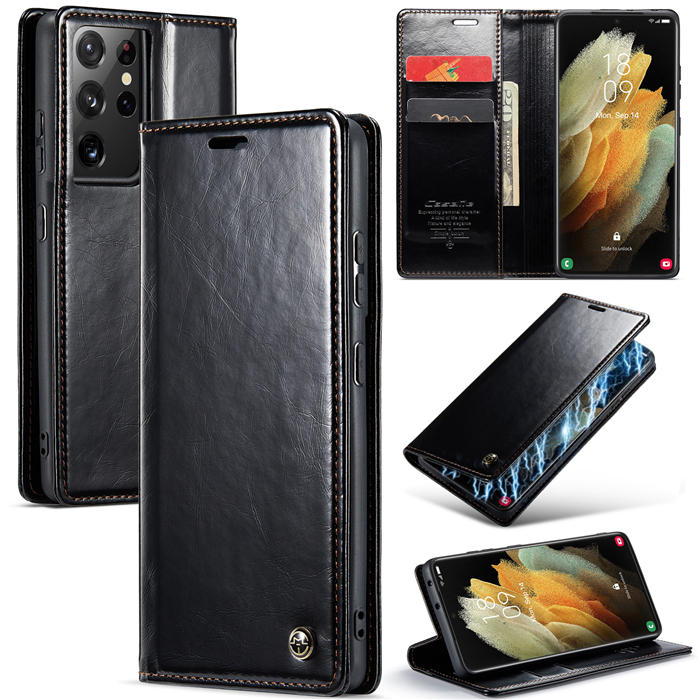 CaseMe Samsung Galaxy S21 Ultra Wallet Kickstand Magnetic Case Black - Click Image to Close