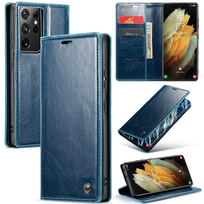 CaseMe Samsung Galaxy S21 Ultra Wallet Kickstand Magnetic Case Blue - Click Image to Close