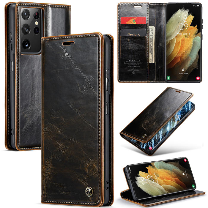 CaseMe Samsung Galaxy S21 Ultra Wallet Kickstand Magnetic Case Coffee - Click Image to Close