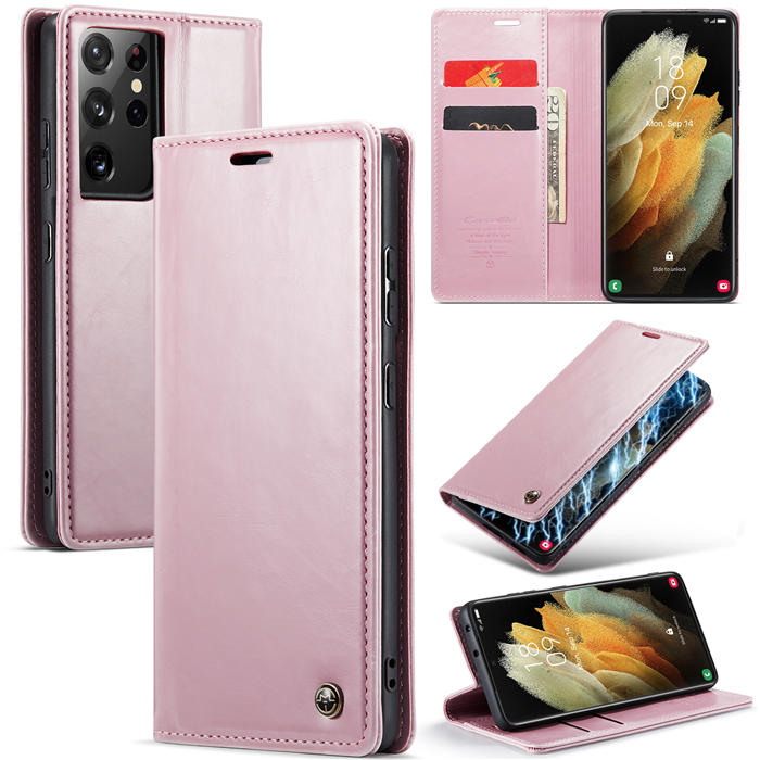 CaseMe Samsung Galaxy S21 Ultra Wallet Kickstand Magnetic Case Pink - Click Image to Close