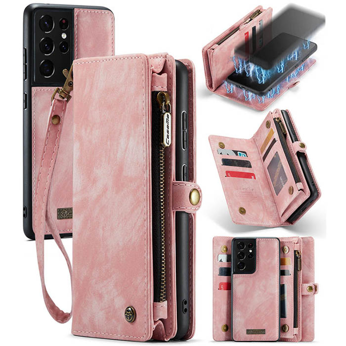 CaseMe Samsung Galaxy S21 Ultra Wallet Case with Wrist Strap Pink - Click Image to Close
