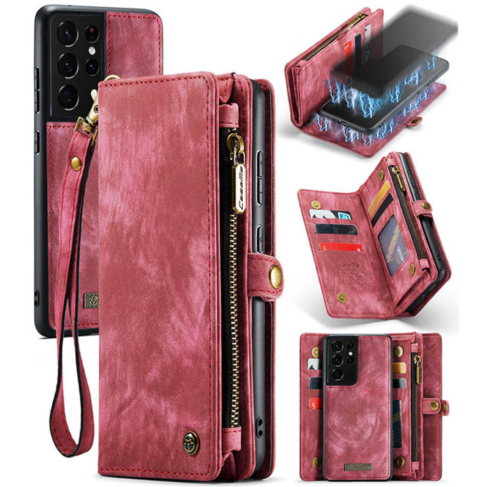 CaseMe Samsung Galaxy S21 Ultra Wallet Case with Wrist Strap Red - Click Image to Close