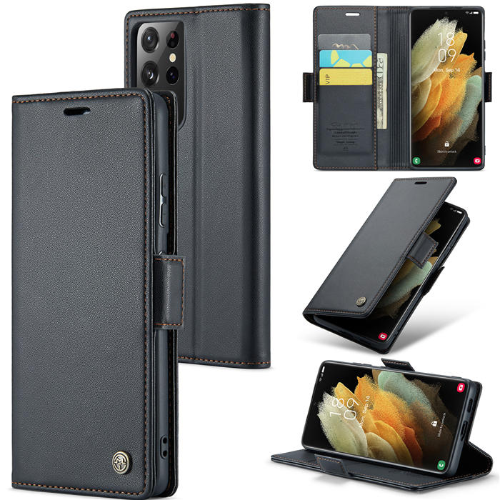 CaseMe Samsung Galaxy S21 Ultra Wallet RFID Blocking Magnetic Buckle Case Black