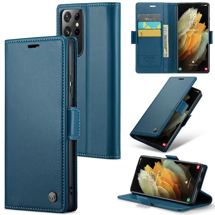 CaseMe Samsung Galaxy S21 Ultra Wallet RFID Blocking Magnetic Buckle Case Blue - Click Image to Close