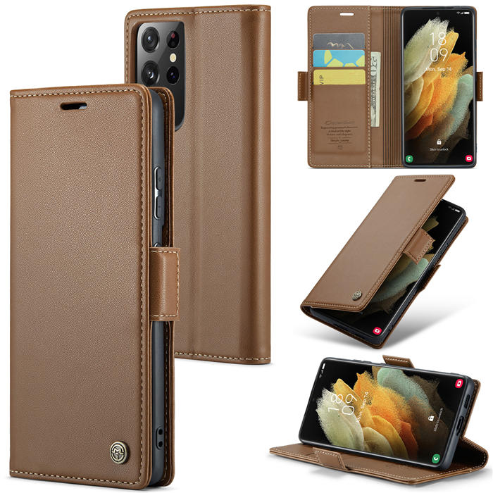 CaseMe Samsung Galaxy S21 Ultra Wallet RFID Blocking Magnetic Buckle Case Brown - Click Image to Close