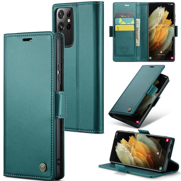 CaseMe Samsung Galaxy S21 Ultra Wallet RFID Blocking Magnetic Buckle Case Green - Click Image to Close