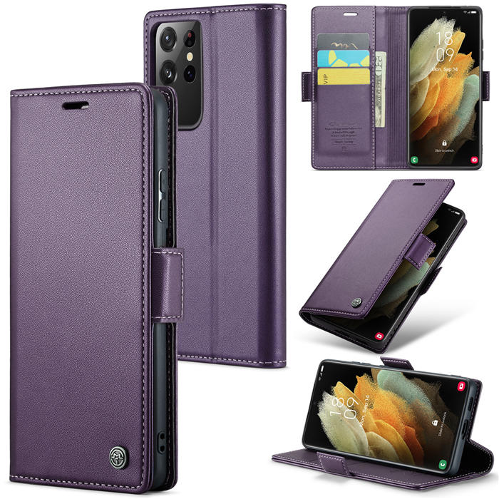 CaseMe Samsung Galaxy S21 Ultra Wallet RFID Blocking Magnetic Buckle Case Purple - Click Image to Close