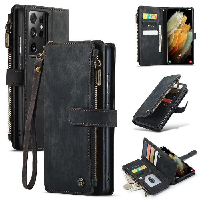 CaseMe Samsung Galaxy S21 Ultra Zipper Wallet Kickstand Case Black - Click Image to Close