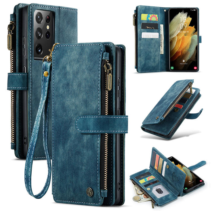 CaseMe Samsung Galaxy S21 Ultra Zipper Wallet Kickstand Case Blue