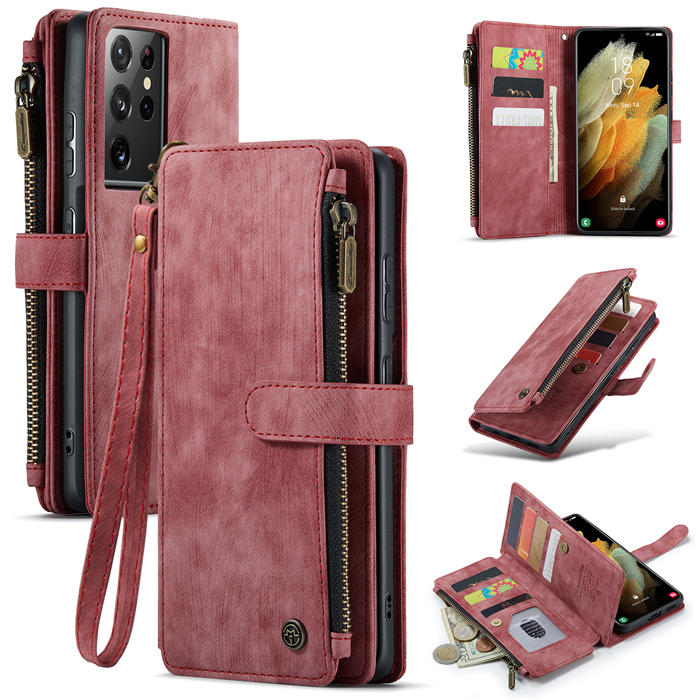 CaseMe Samsung Galaxy S21 Ultra Zipper Wallet Kickstand Case Red - Click Image to Close