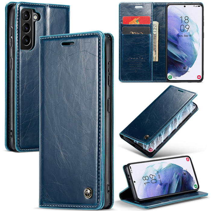 CaseMe Samsung Galaxy S21 Wallet Kickstand Magnetic Case Blue - Click Image to Close