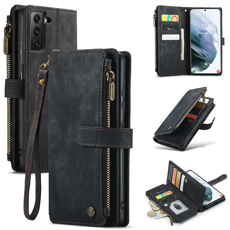 CaseMe Samsung Galaxy S21 Zipper Wallet Kickstand Case Black - Click Image to Close